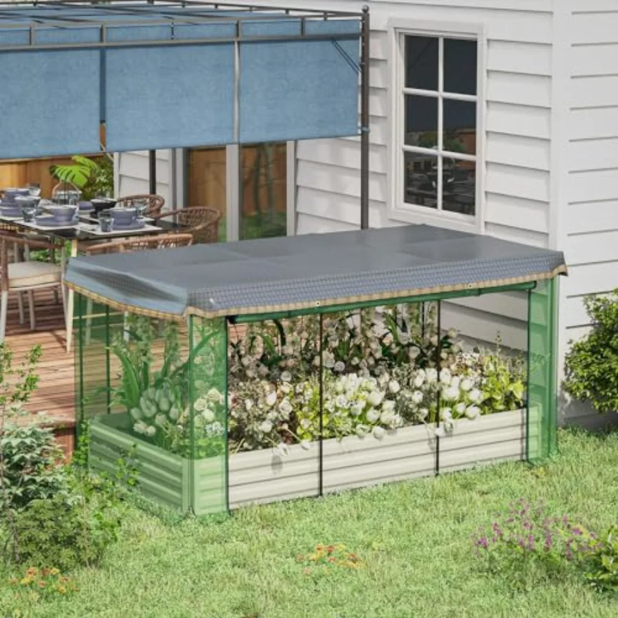 7.3 x 3.4 x 1 ft Galvanized Raised Garden Bed with Crop Cage Plant Protection Net and Shade Cloth Roof Metal Planter Box with C