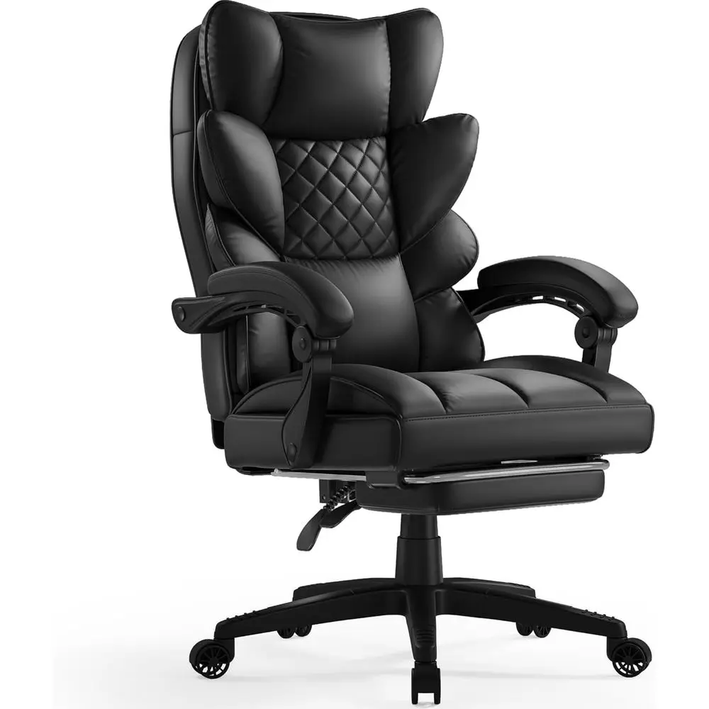 

Large High-Back Gaming Office Chair with Pneumatic Spring Cushion, Linkage Armrests, and Footrest, Black PU Leather