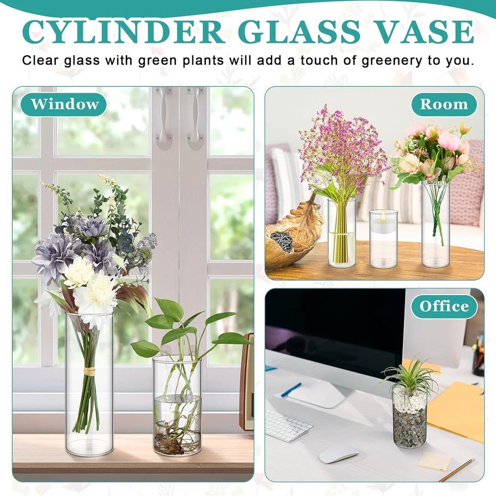 Glass Cylinder Vases 4 6 8 Inch Tall Clear Flower Vase Hurricane Floating Candle Holder for Table Centerpiece Wedding Home Decor