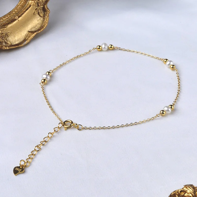 NYMPH Natural Freshwater Pearl Anklet 14K Gold Injection Golden Ball Adjustable Chain Fine Jewelry for Women Simple Design J1008