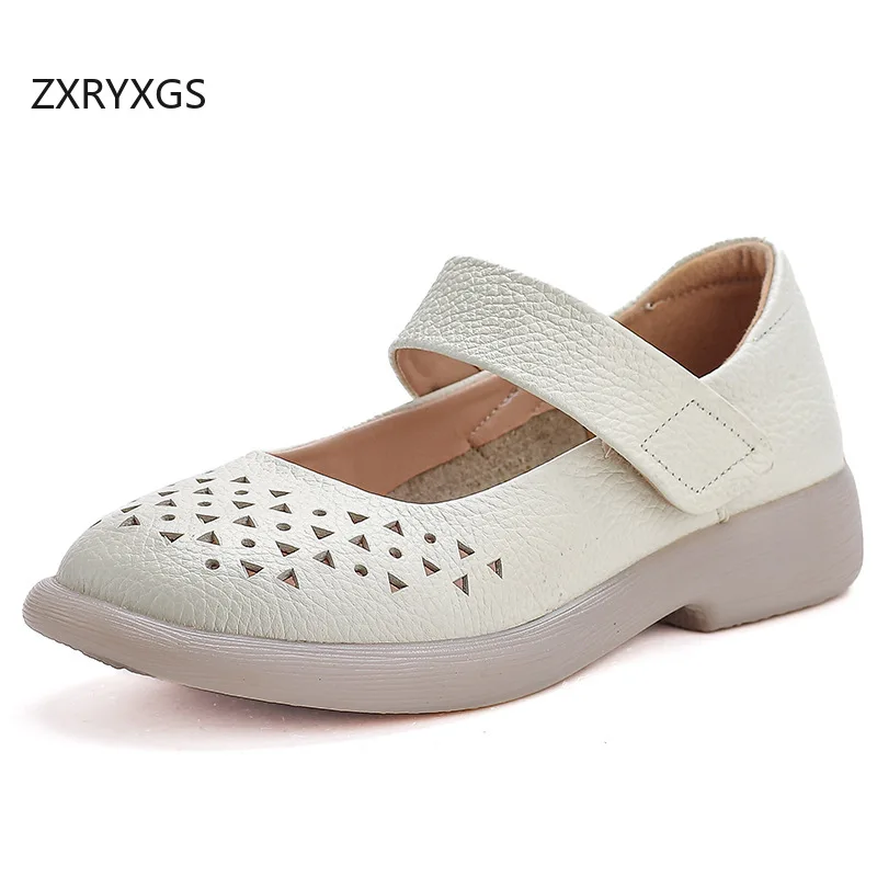 

ZXRYXGS/2025 новые весенне-летние полые туфли из натуральной кожи, женская удобная дышащая обувь на плоской подошве с нескользящей мягкой подошвой