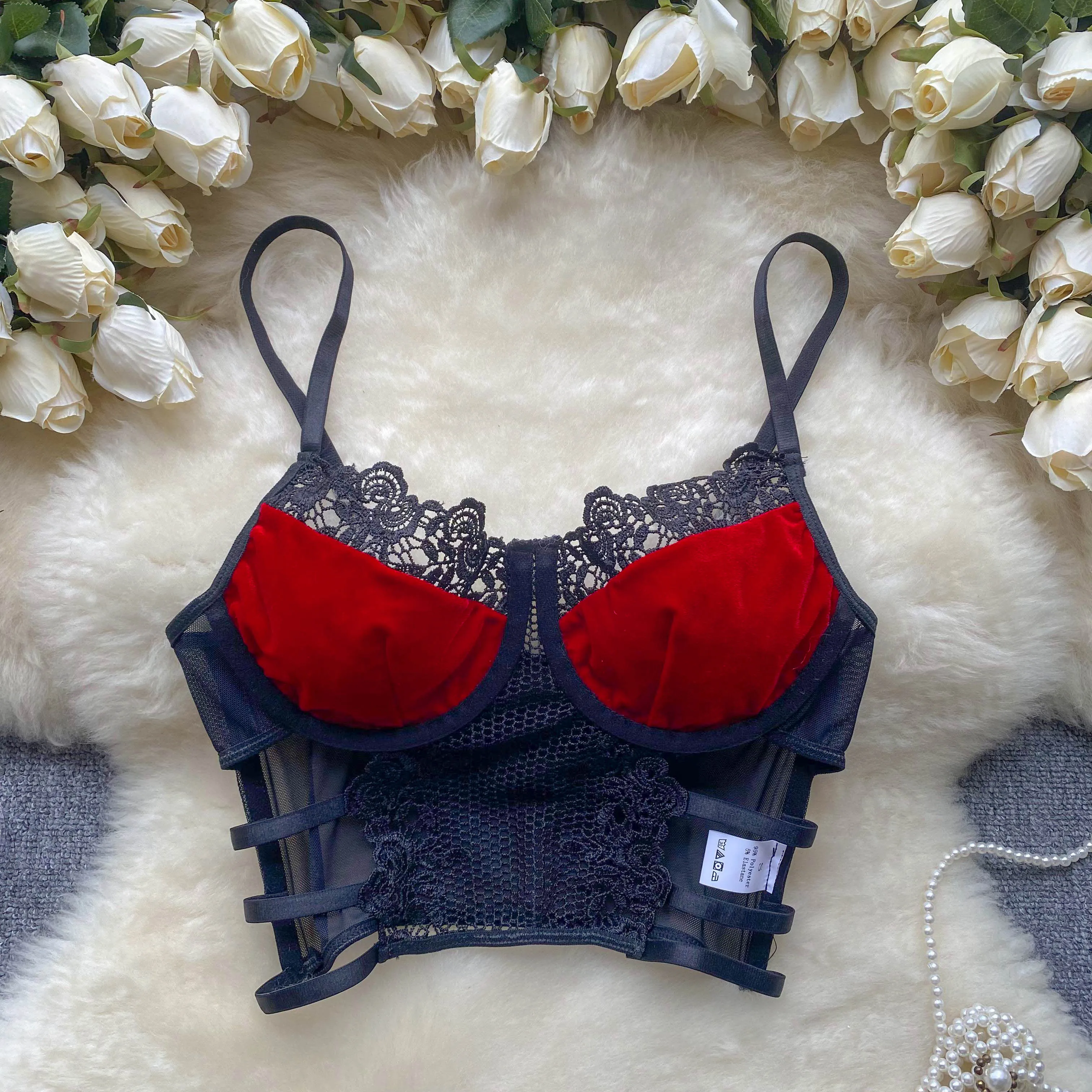 Sexy Style Velvet Spliced Lace Embroidered Hollow up Suspender Strap Top Women's Summer New Spicy Girl Short underwear Bra