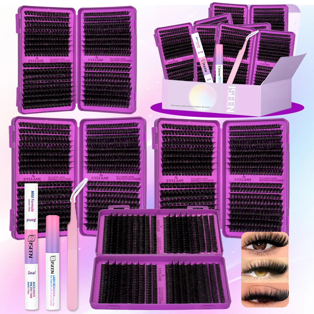 Kit de Pestañas en Racimo de Gran Capacidad, Pestañas Individuales 3D de Visón Sintético, Kit de Extensión de Pestañas DIY con Adhesivo y Sellador