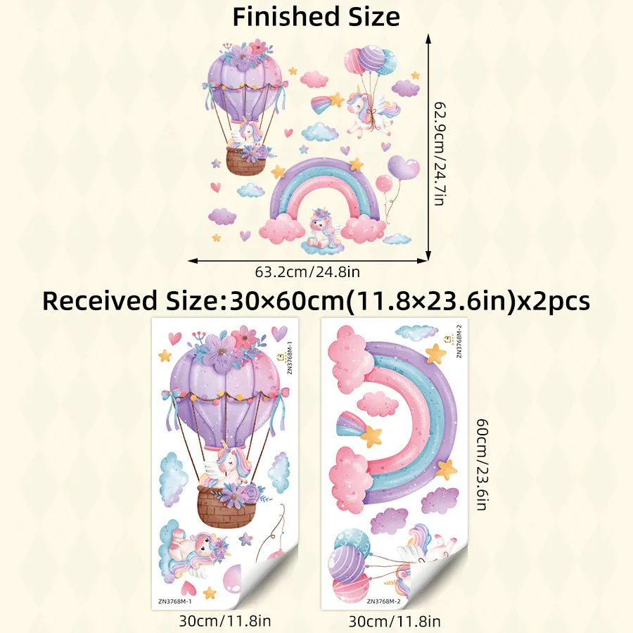 Unicorn Rainbow Hot Air Balloon Wall Stickers For Children's Room Kids Bedroom Girl Room Decor Removable Poster Home Decoration