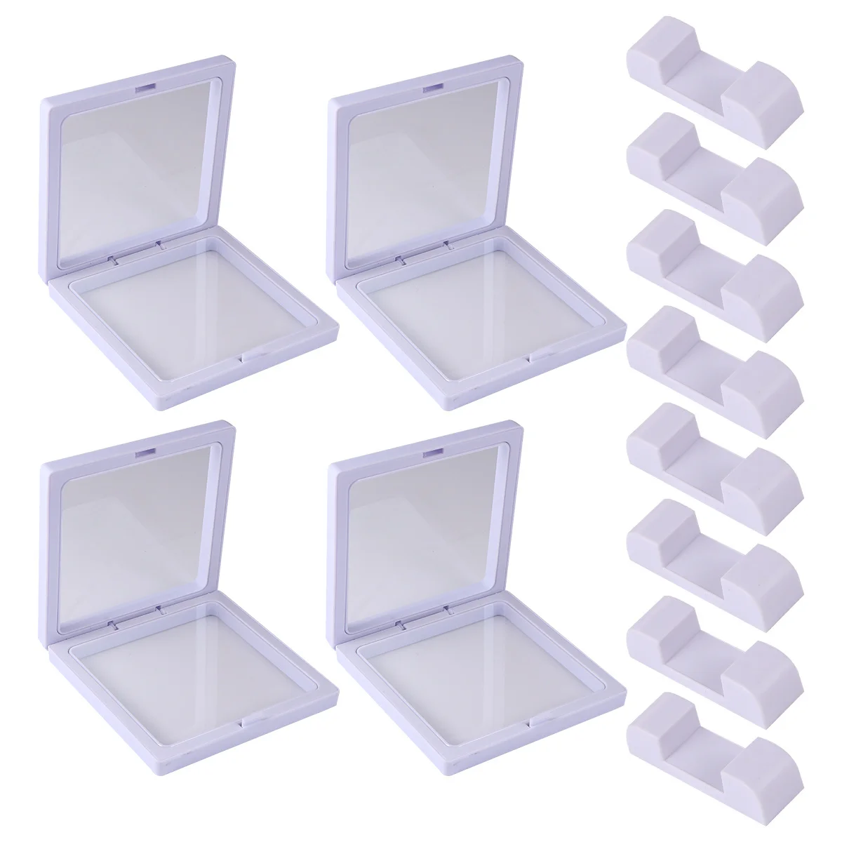 

12pcs Clear Display Frames Floating Holder Jewelry Box White 4 Boxes 8 Bases For Necklace Ring Bracelet Storage Case