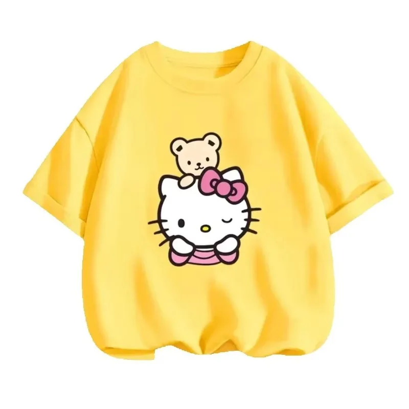 

Футболка «Hello Kitty», детская одежда, спортивный костюм для девочек, футболки, комплекты одежды для маленьких мальчиков, повседневные топы, уличная одежда с короткими рукавами, пуловер