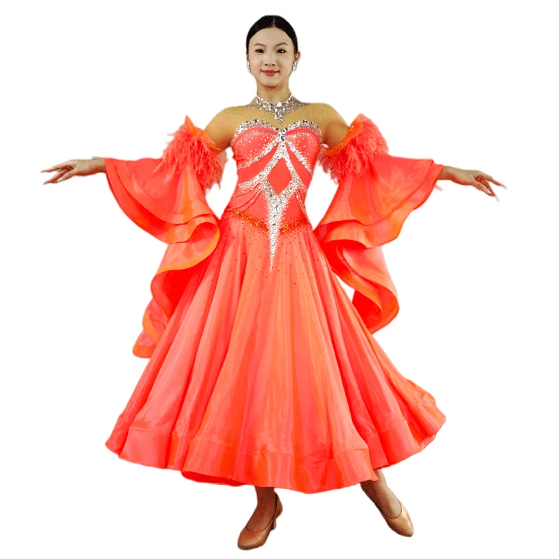 B-25093 Yundance حجر الراين وصول جديد القياسية الدولية قاعة الرقص فستان جودة عالية لهب فستان من الشيفون الساتان #1