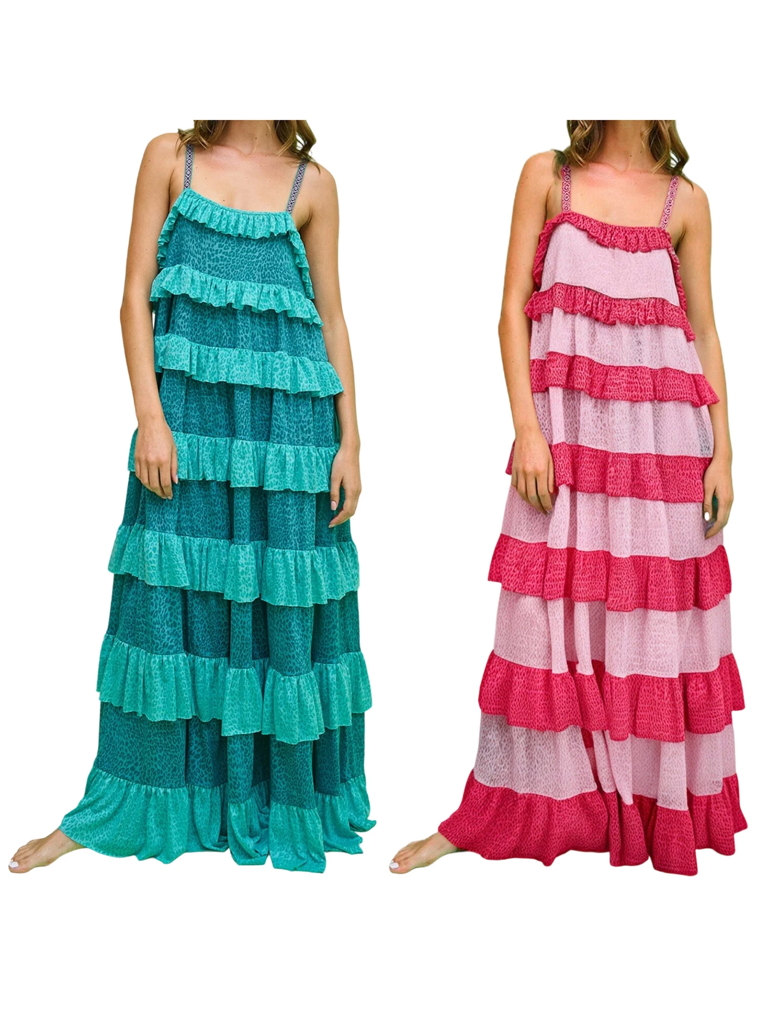Vestido maxi elegante sem mangas com decote em V e babados fluidos em camadas, perfeito para festas e eventos de verão
