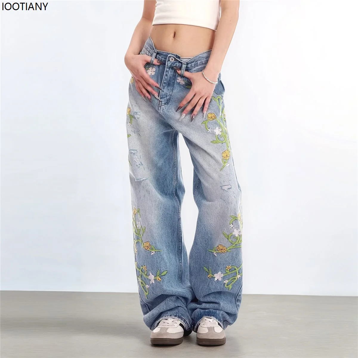 

Vintage Floral Embroidery High Waist High Street Blue Straight Jeans Fashion Flower Women's Wide Leg Loose Jeans Y2k Casual Pant