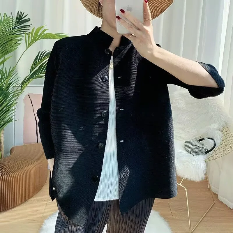 New Miyake Clothes Pleated Small Coat Women's Spring and Summer  Temperament Loose Collar Solid Color Wild Loose Cardigan top
