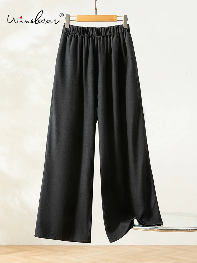 

Winsleter-Women 100%Real Silk Elegant Trousers, Elastic Waist Solid, Basics Casual Loose Wide Leg Pants, 2025 Summer B56748CC