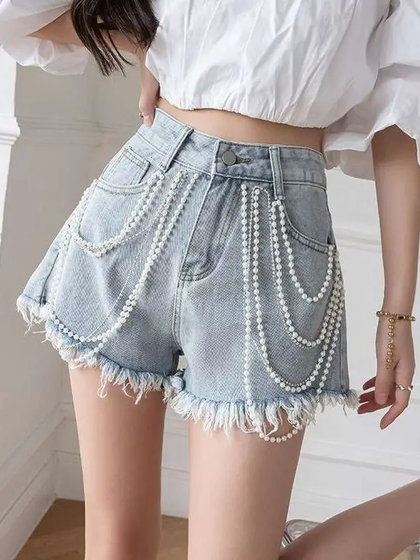 

High Waist Slimming Hot Pants Heavy Chain Handmade Beaded Cleanfit Sle Blue PU Fabric Women's Jeans Medium Stretch Elastic