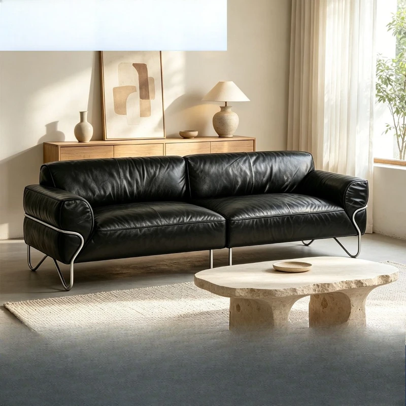 Black Oil Wax Genuine Leather Sofa Italian Light Luxury Stainless Steel High-Leg Inline Row Home Sofa