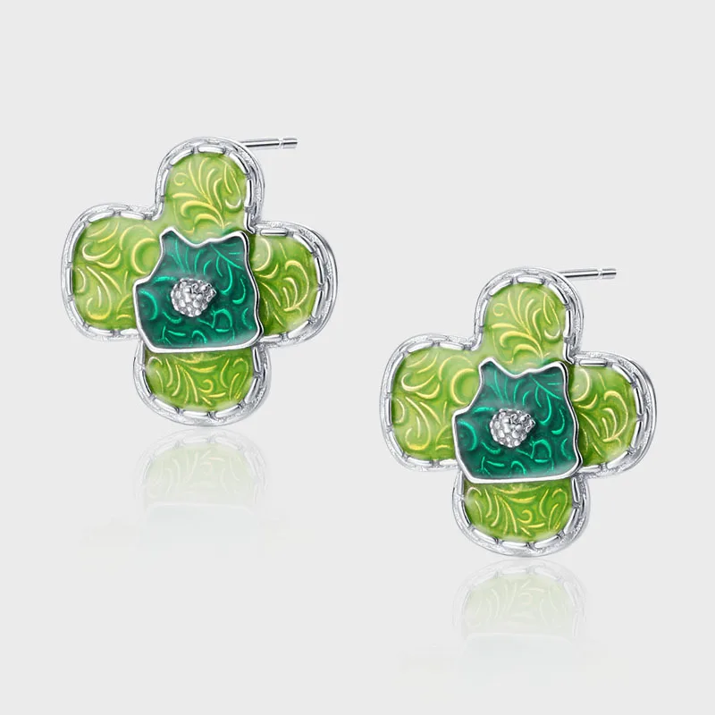 

Серьги-гвоздики из стерлингового серебра S925 с зеленым цветком, женские серьги со свежим зеленым цветком и травой Тан, ювелирные изделия для повседневного ношения