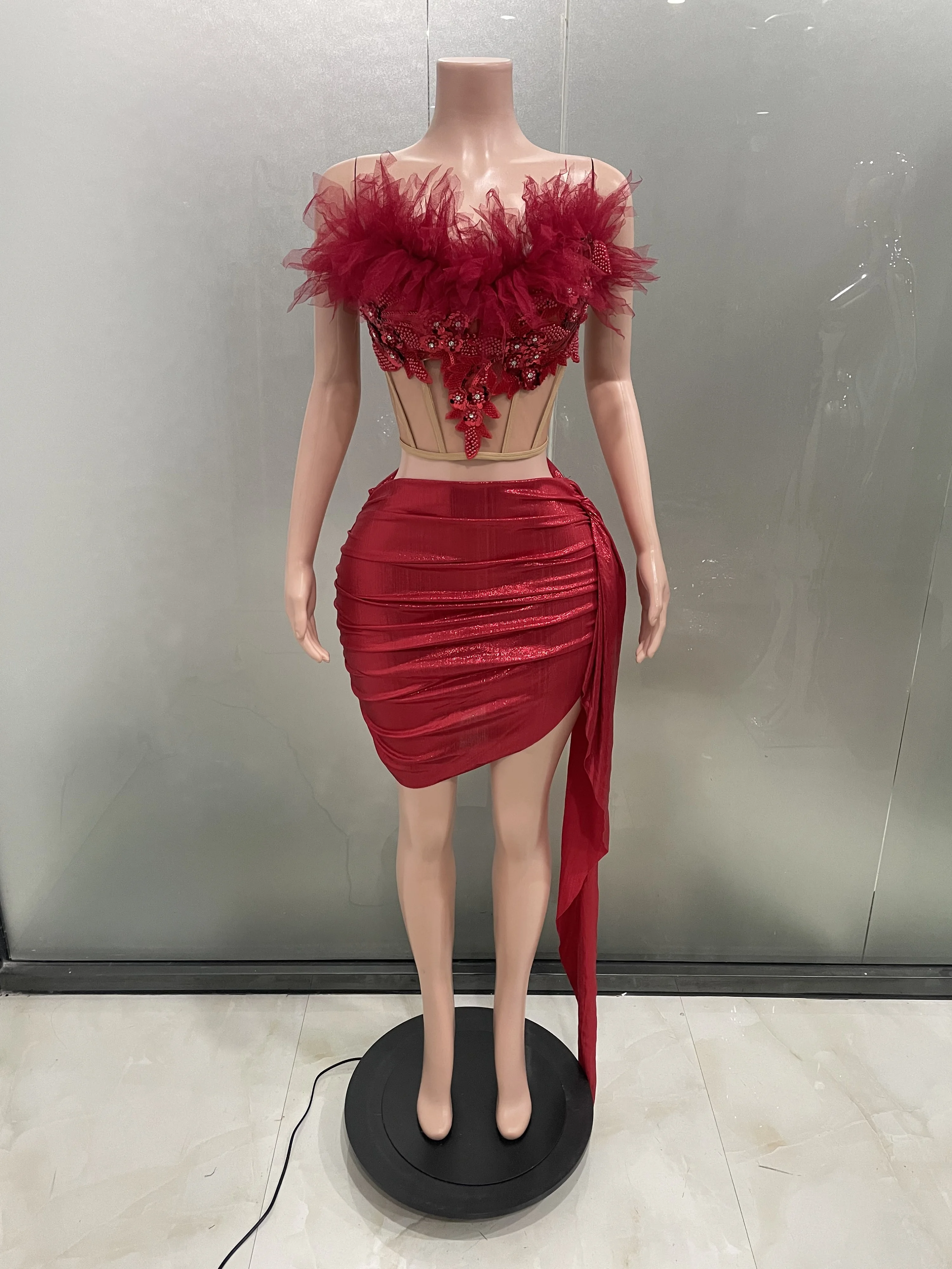 Sexy Red Beading Draped 2 Pieces Strapless Bodycon Mini Dress  Women Bar Singer Nightclub Party Club Celebrate Birthday Dress