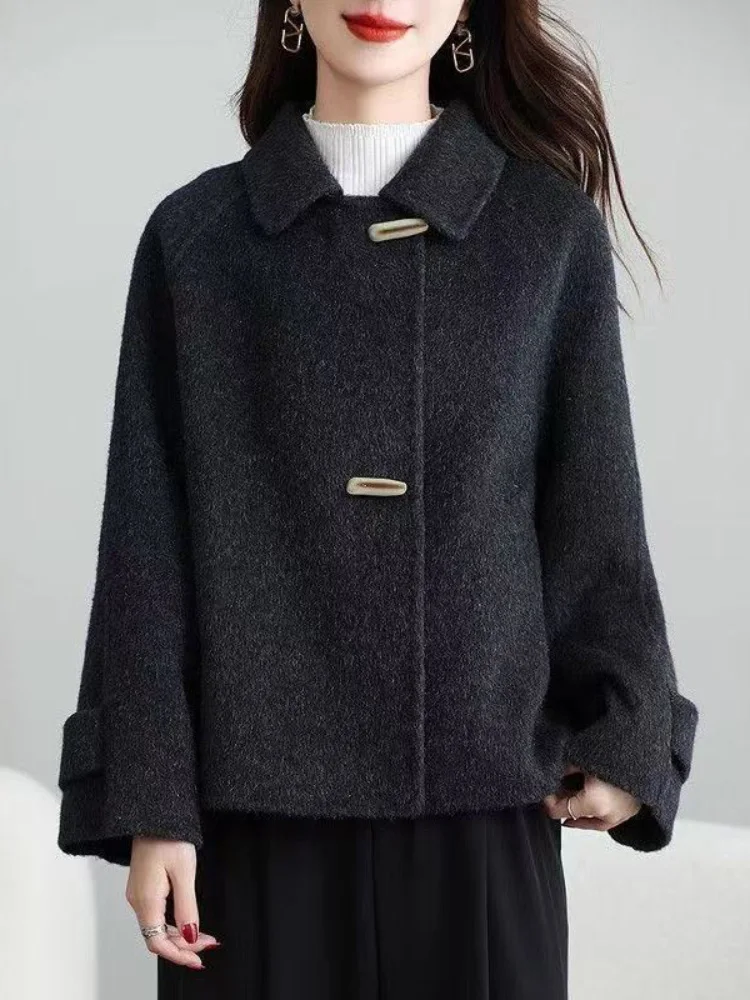 숏 혼 버튼 배기 재킷 코트 여성 캐주얼 엘레강트 울 재킷 턴다운 칼라 한국 패션 루즈 재킷