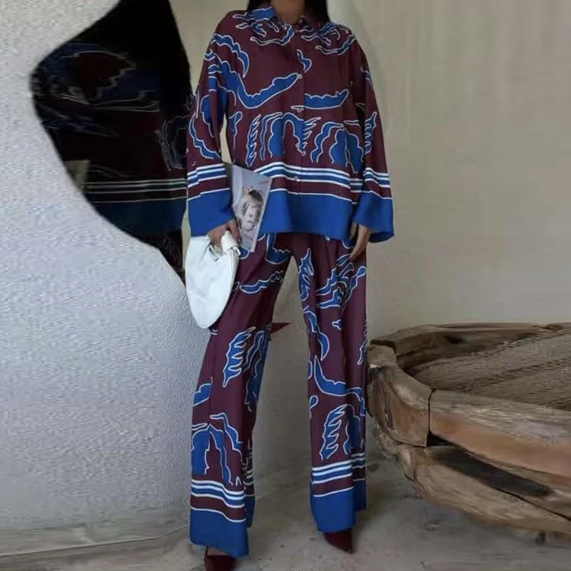 

Повседневные женские свободные комплекты домашней одежды, осенне-зимние новые наряды с цветными блоками, комплекты рубашек и брюк с длинными рукавами и принтом в винтажном стиле