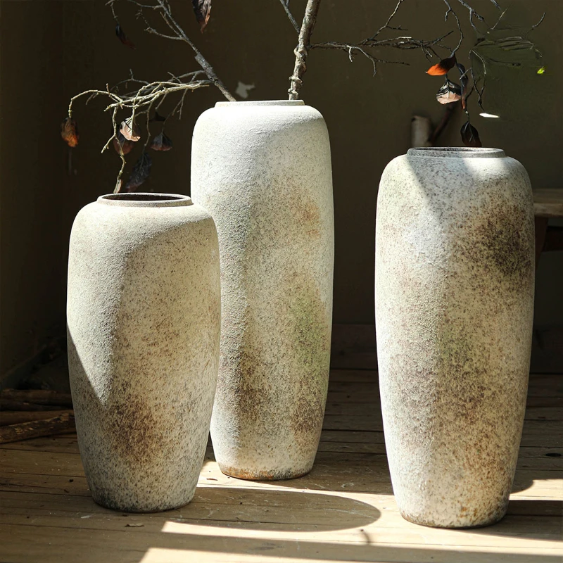 

Floor-to-ceiling large vase, vintage stoneware wabi-sabi style ceramic ornaments, famous living room flower arrangers