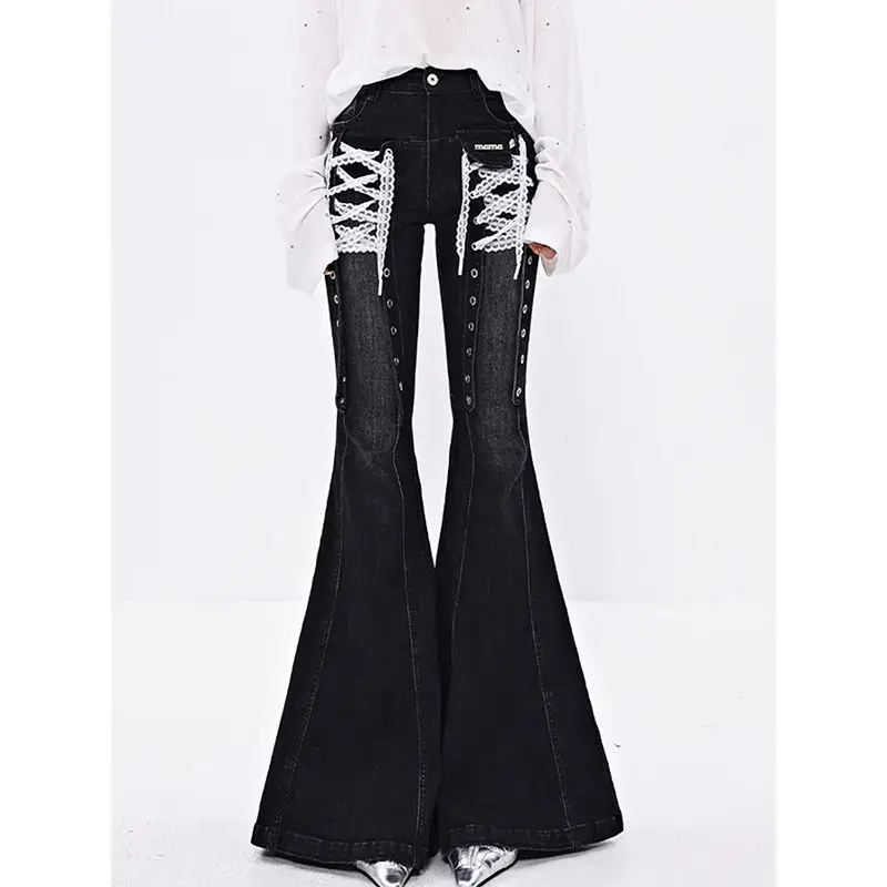 

White Lace Up Scimitar Cut Flared Jeans for Women Y2K Hot Girl Street Style Low Waist Slim Fit Statement Dragging Denim Pants