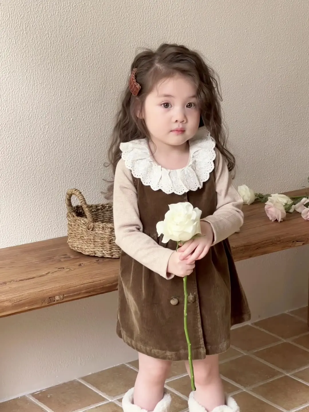 2024 Girls Outfit Sets for Children Kids Corduroy Sleeveless Dress + Lace Collar Knitted Tops Infant Girl Vintage Autumn Clothes