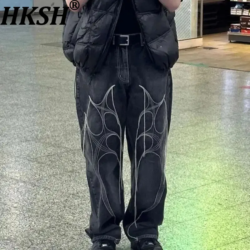 HKSH Spring Autumn New Men's Tide Vintage Fringe Washed Jeans Straight 3D Cutting Retro American High Street Denim Pants HK0521