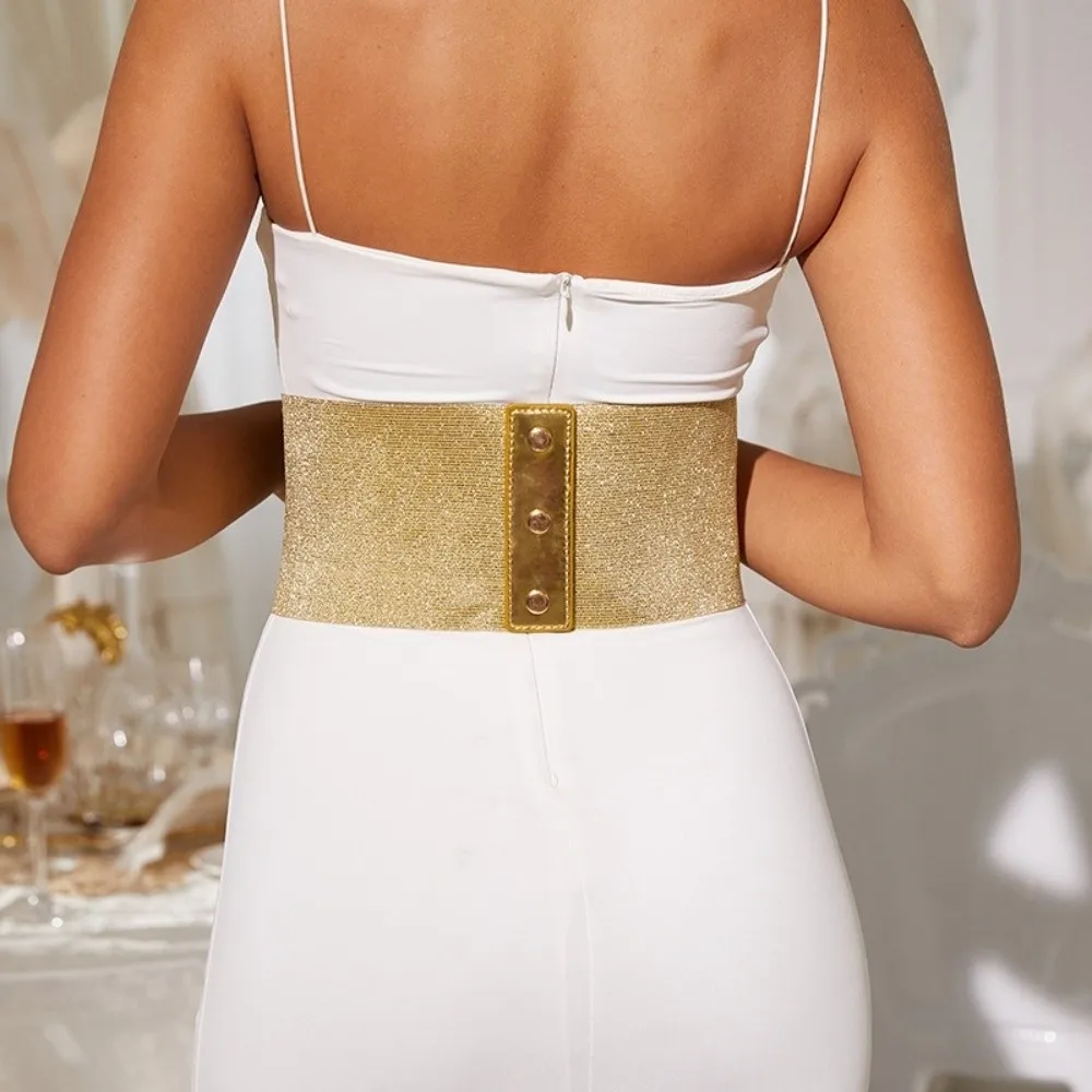 Cinto retrô versátil ouro prata couro PU cinto largo design elástico cinto com cadarço para mulheres