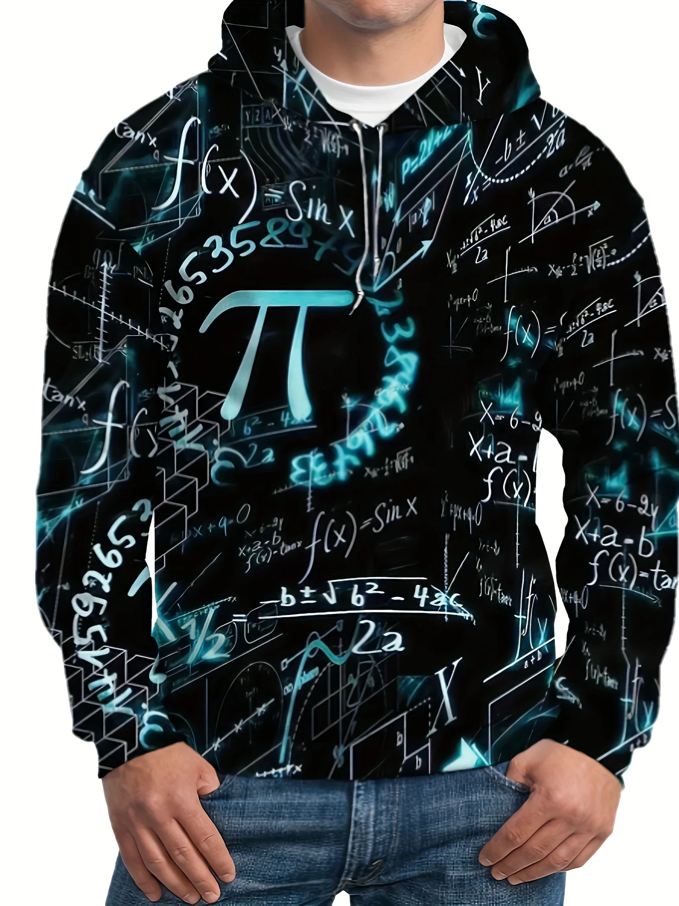 Men Neon Pi Math Formula Black Background Full Zip Hoodie Drawstring Pocket Long Sleeve Casual Sweatshirt