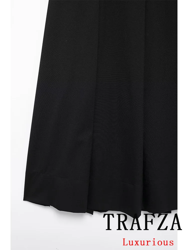 TRAFZA Vintage Casual Chic Women Skirt Solid Wide Pleated Hidden Breasted Long Straight Skirt New Fashion 2024 Autumn Skirts