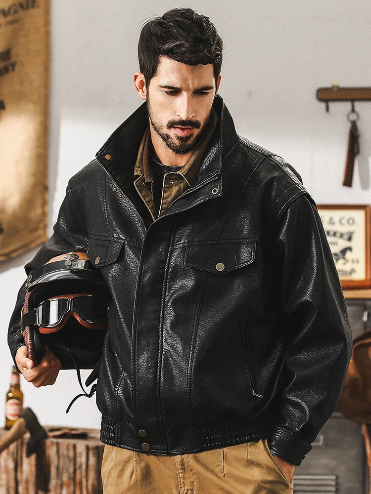 

American Retro Men's Leather Jaet Loose Fit Stand Collar Motorcycle Clothes Outerwear Casual Sle PU Leather Coat