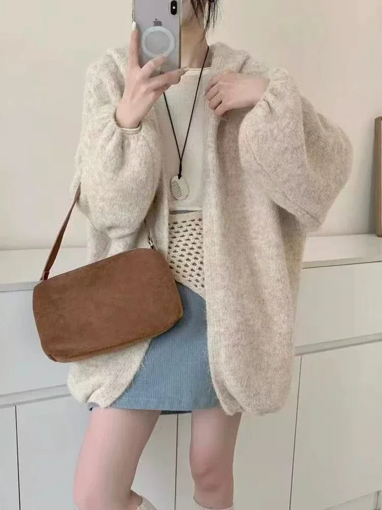 Autumn Winter New Hooded Lantern Sleeve Fuzzy Knit Women's Long Sleeve Top Loose Slouchy Cozy Warm Soft Daily Chic Sweater Coat