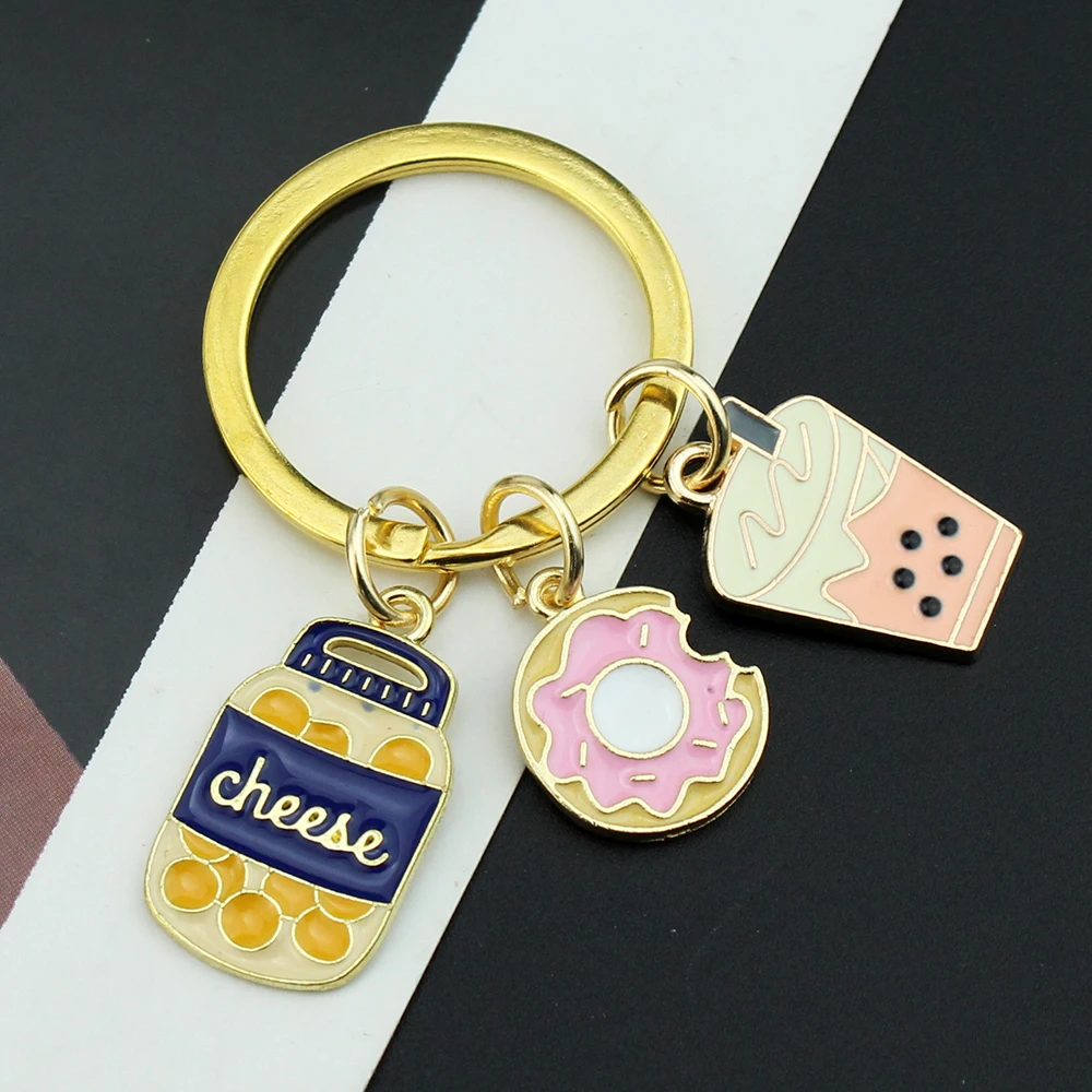 Cute Dessert Charms Keychain Donut Pizza French Fries Hot Dog Food Milk Tea Keyring Key Chains Ladies Girl Gift Handmade Jewelry