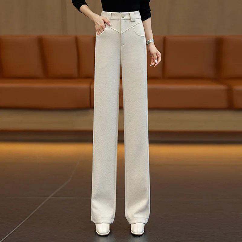 سراويل نسائية صوفية مستقيمة شتوية سميكة دافئة سراويل غير رسمية بقصة ضيقة سراويل تنحيف ثنيات #1