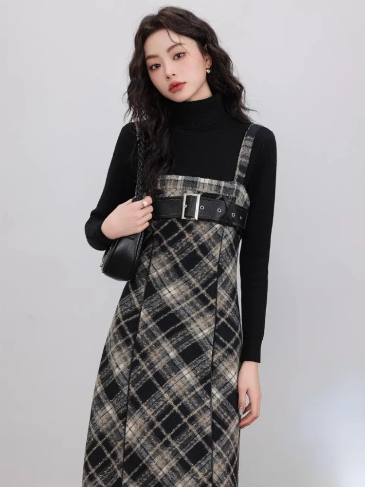 2023 Autumn Elegant Plaid 2 Piece Dress Set Women Casual Black Blouse + Vintage Slim Strap Dress Korean Fashion Dress Suits New