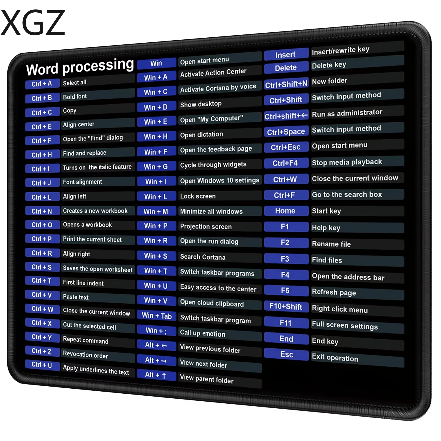 XGZ Shortcut Mouse Pad Office Word CAD Smooth desk mat Anti slip Base with Stitching Edges Suitable for Computers and Laptops