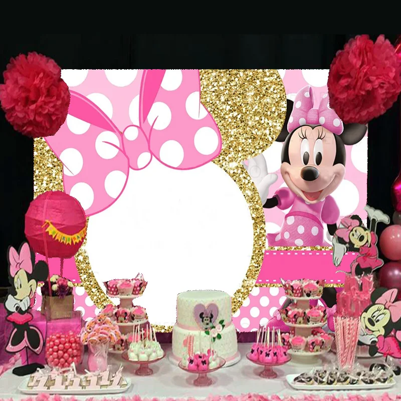 Disney Pink Gold Glitter Minnie Mickey Mouse Backdrop Photography Birthday Background Party Supplies Boys Girls Decoration