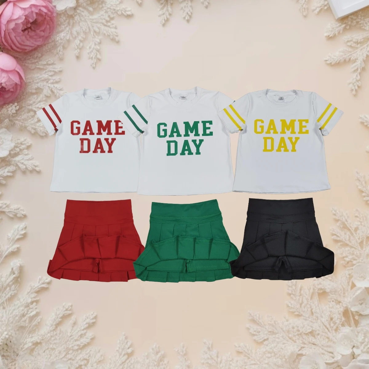 

Girls Fashion Outfit Mini Pleated Skirt Set Short Sleeve T-shirt and Skirt with Shorts Sporty School Performance Dance Costume