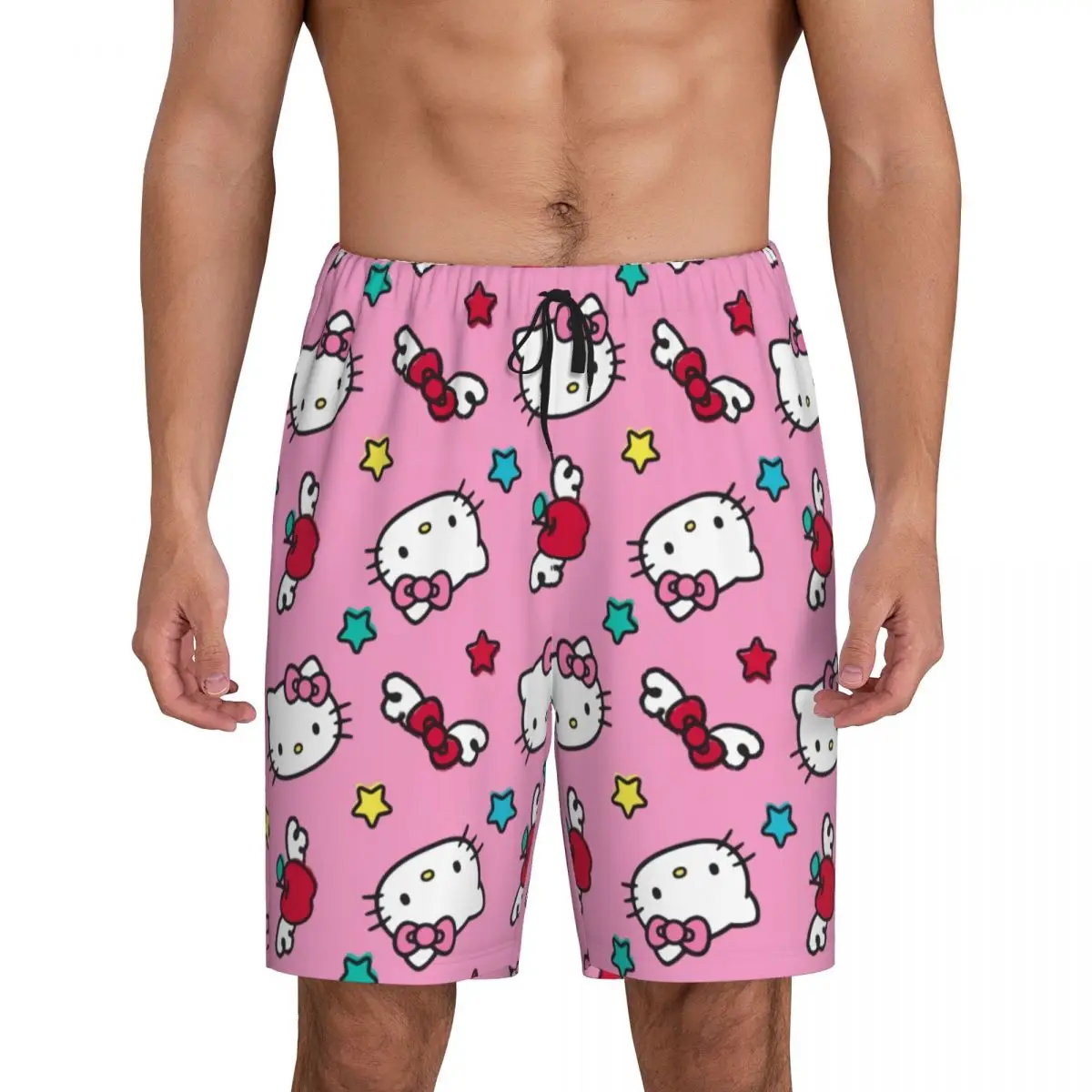 

Custom Pink Bow Animated Anime Hello Kitty Pajama Shorts Men's Sleepwear Lounge Bottom Stretch Sleep Short Pjs with Pockets