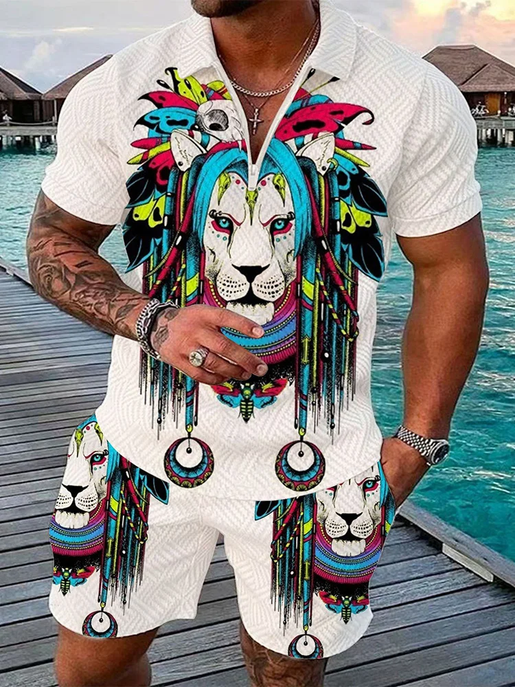 Summer Trend Men's Sweatsuit set Painted Animal 3D Print Casual Zipper Polo Shirt And Shorts 2pcs Set Man Clothing Tracksuit Set