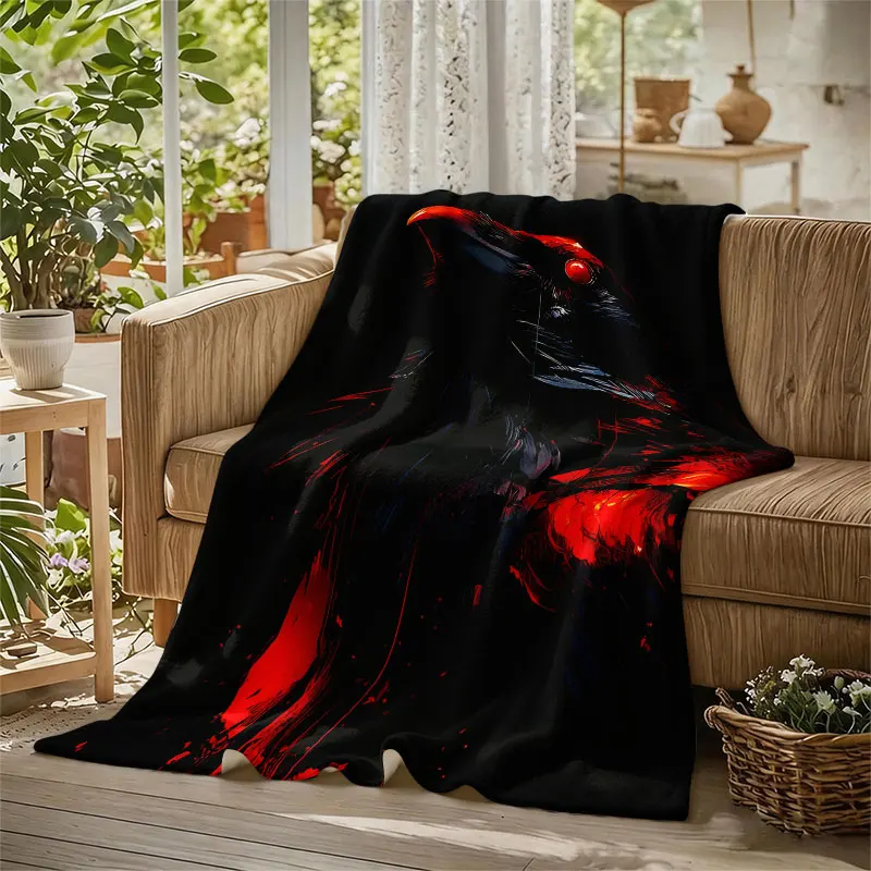 Dark Crow Red Eye Japanese Flannel Blanket Perfect for Sofa Office Bed Travel Sleep Read Relax Camping Four Season Use