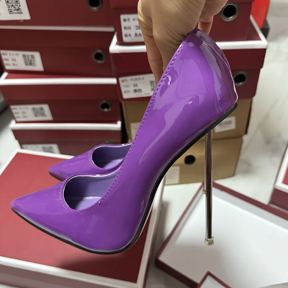 Heelgoo Customize 12cm Metal High Heels Women Sexy Glossy Purple Stilettos Pumps Office Ladies Pointed Toe Unisex Party Shoes