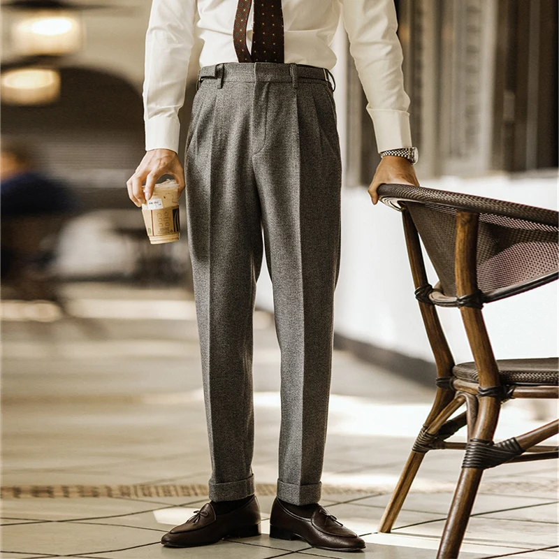 

Мужские осенне-зимние модные шерстяные брюки с высокой талией, офисные деловые прямые повседневные брюки с карманами, большие размеры, костюмные брюки на заказ