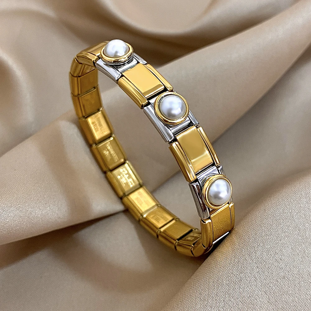 

Freetry Square Tightness Elastic Stretchable Imitation Pearl Stainless Steel Bracelet Bangle for Women Classic Vintage Jewelry