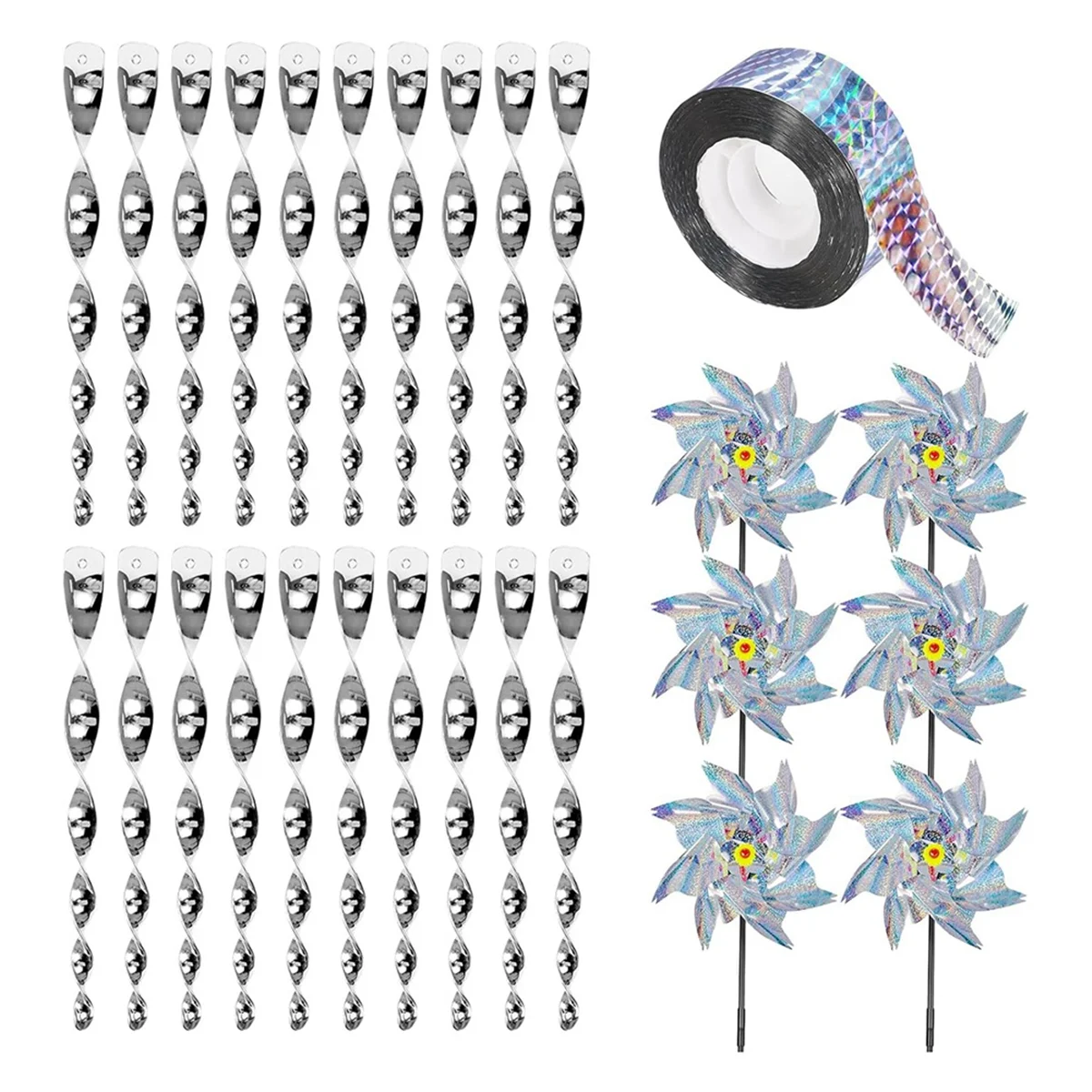 A96Q-Bird Deterrent Devices Kit,27 Pieces Set with 20 Reflective Scare Rods, 6 Pinwheels with Stakes and A Roll of Scare Tape