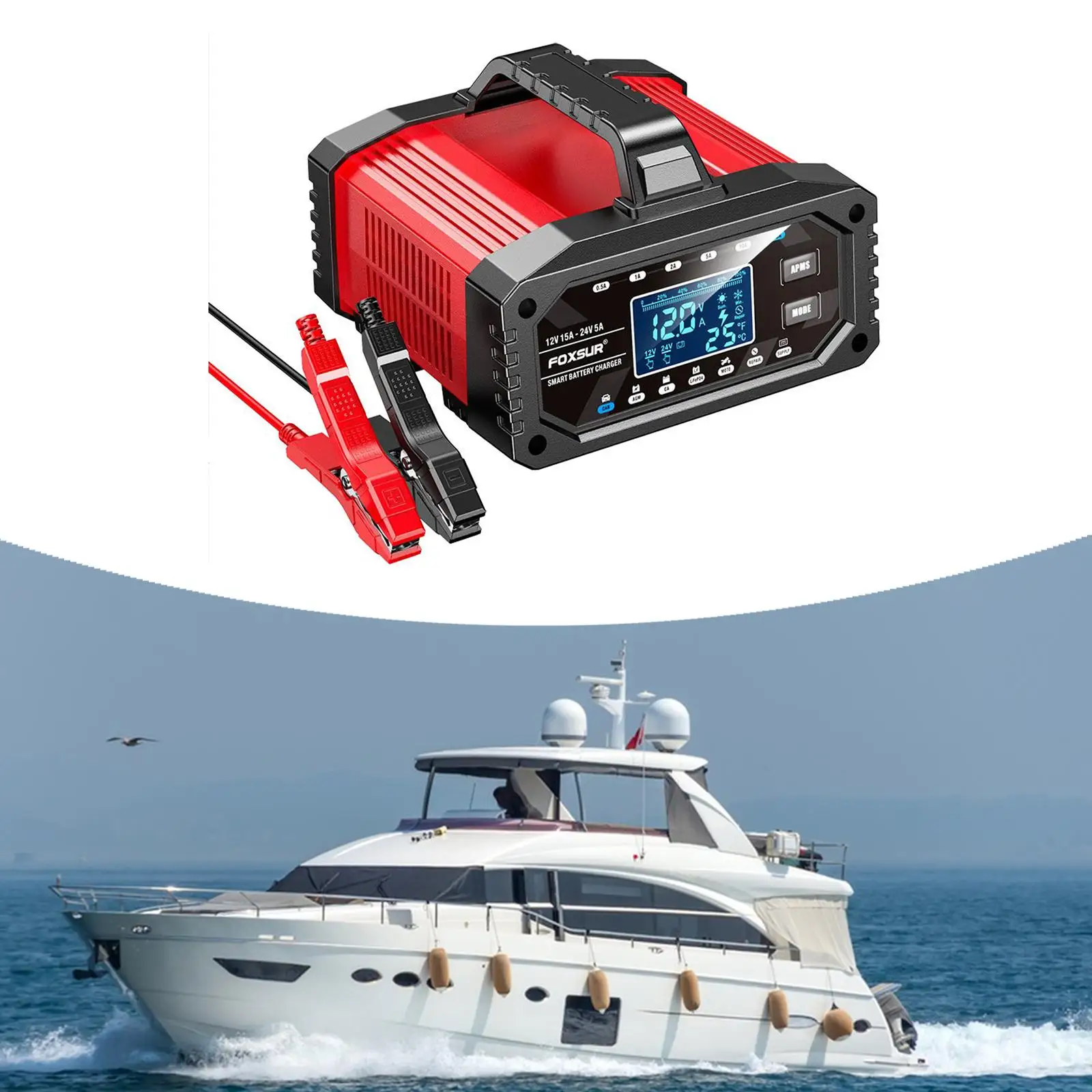 

Car Battery Charging Device Automatic 15A Fast Charge Power Tool with LCD Screen for Car Motorcycle Boat