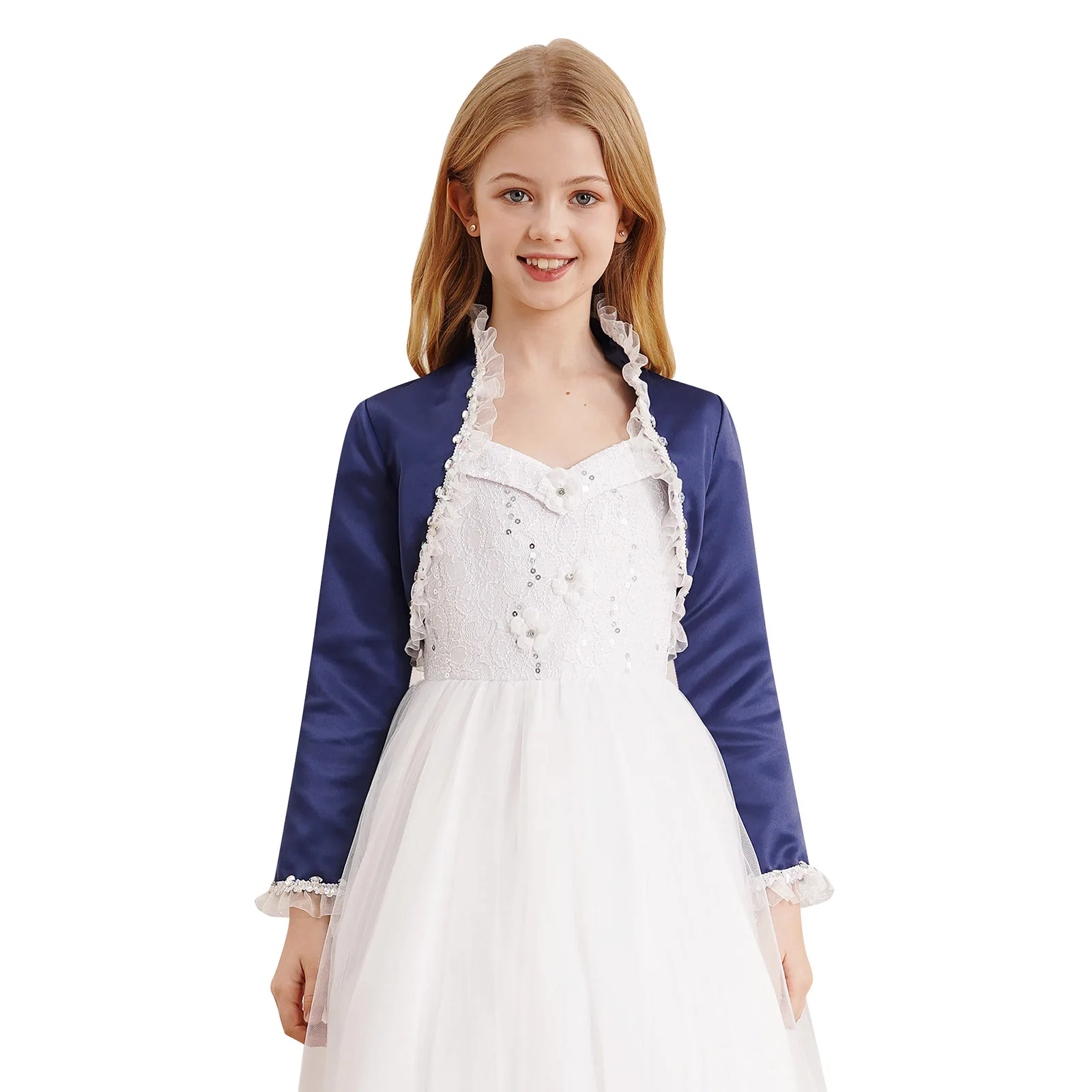 Flower Girls Jacket Shrug Sparkly 3D Applique Bolero Shrug Kids Open Front Crop Tops Outerwear Cardigan Dressy Coat Accessory