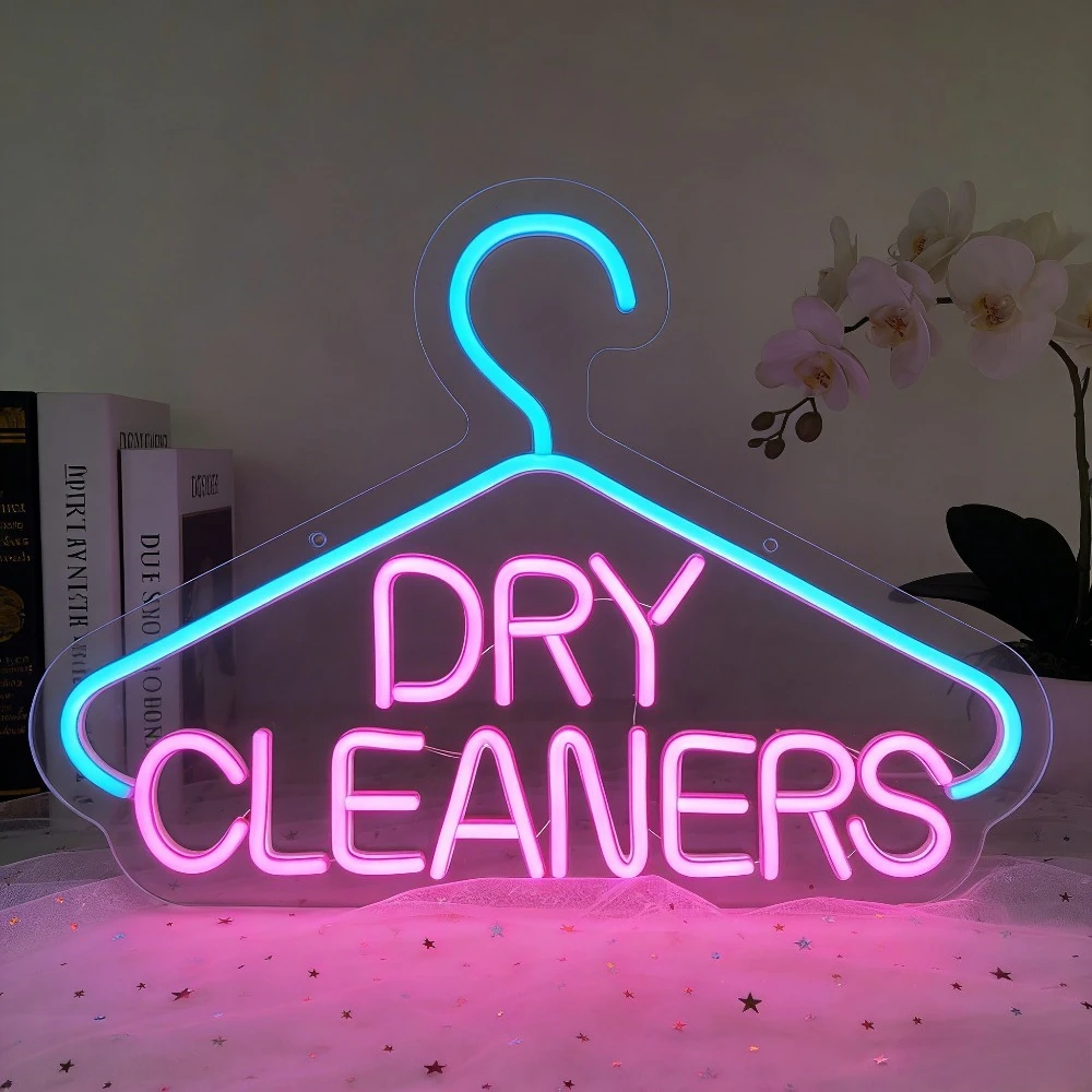 Dry Cleaners Neon Sign LED Wall Art Hanger Shape Design for Home Laundry Room Cafe Boutique Decoration Party Gift