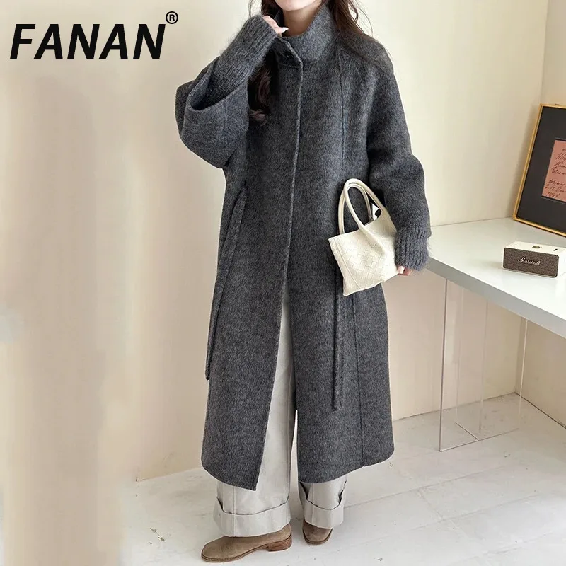 

FANAN Fake Two-Piece Stand Collar Double-Faced Woolen Coat Raglan Sleeve Waist-Tie Mid-Length Autumn Winter Women's Overcoat