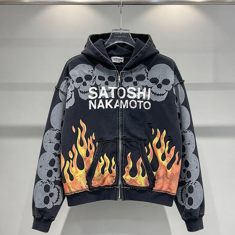 SATOSHI NAKAMOTO Men Zip Hoodie with Skull Sleeve Print and Front Flame Graphics