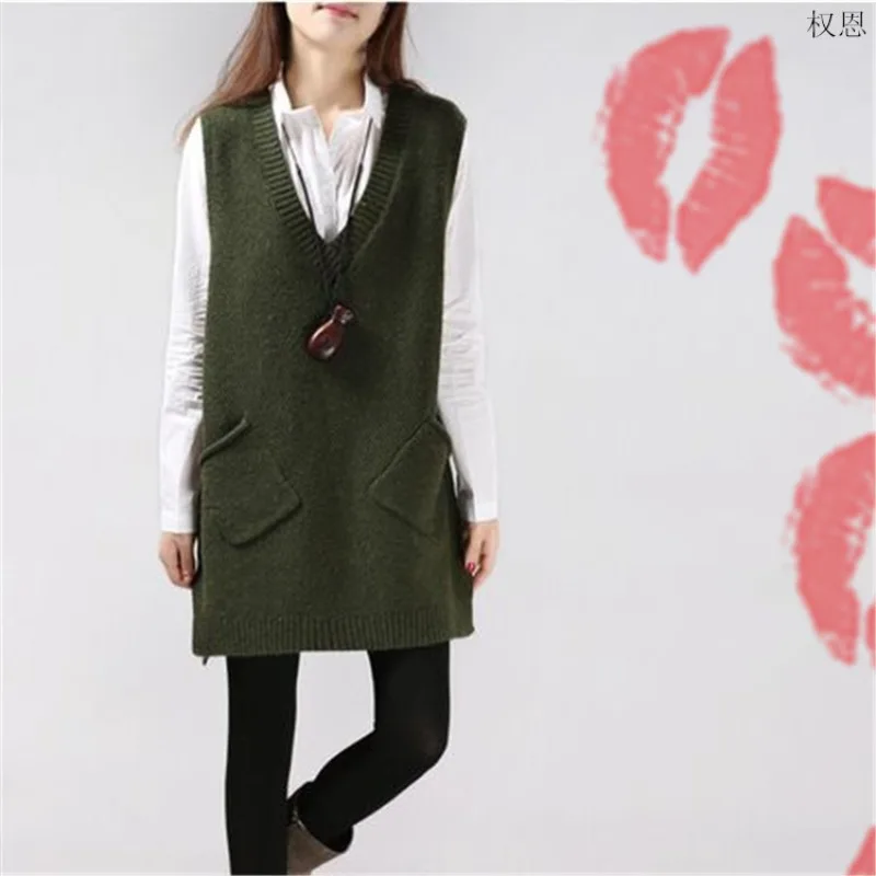 Spring And Autumn Vest V-Neck Vest Knitted Pocket Medium And Long Sleeveless Sweater