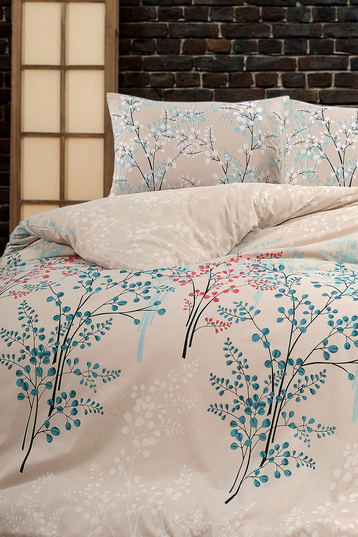 Patterned Cotton and Polyester Double Personality Duvet cover set Branch Fitted Sheets and 2 PCs Pillow Case